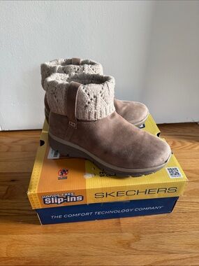 Skechers Women's Taupe Suede-Look Knit Cuff Slip-On Booties